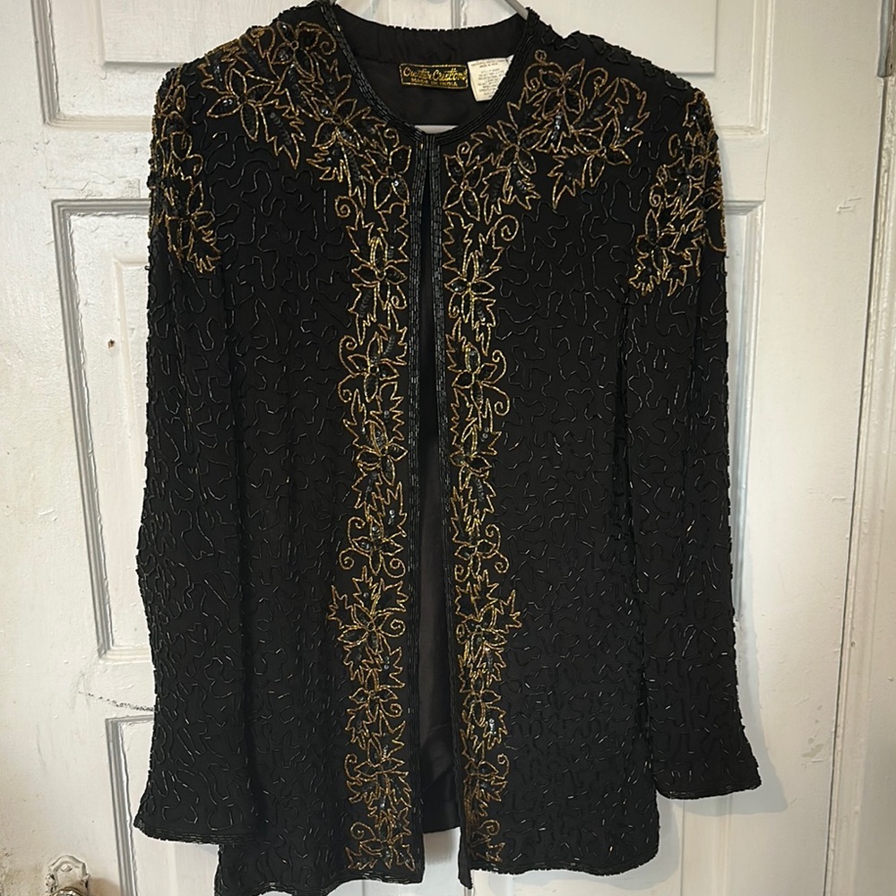 Black and Gold Blazer with Ornate Embellishments 100% silk